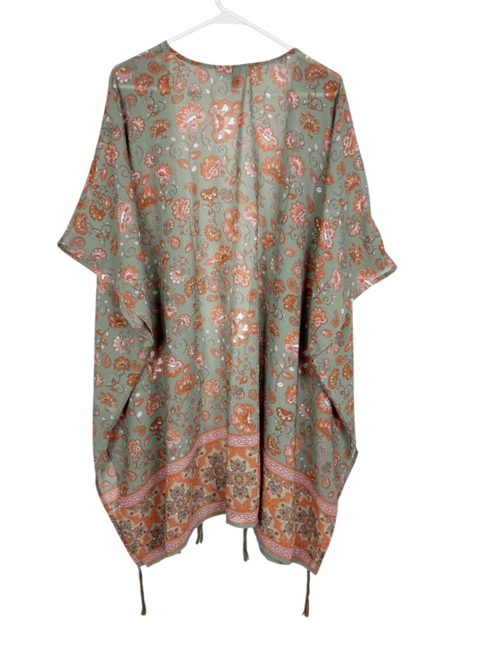 Derek Heart Plus Kimono Size 1X Open Front Floral Sage Peach Fringe Boho - Picture 2 of 5